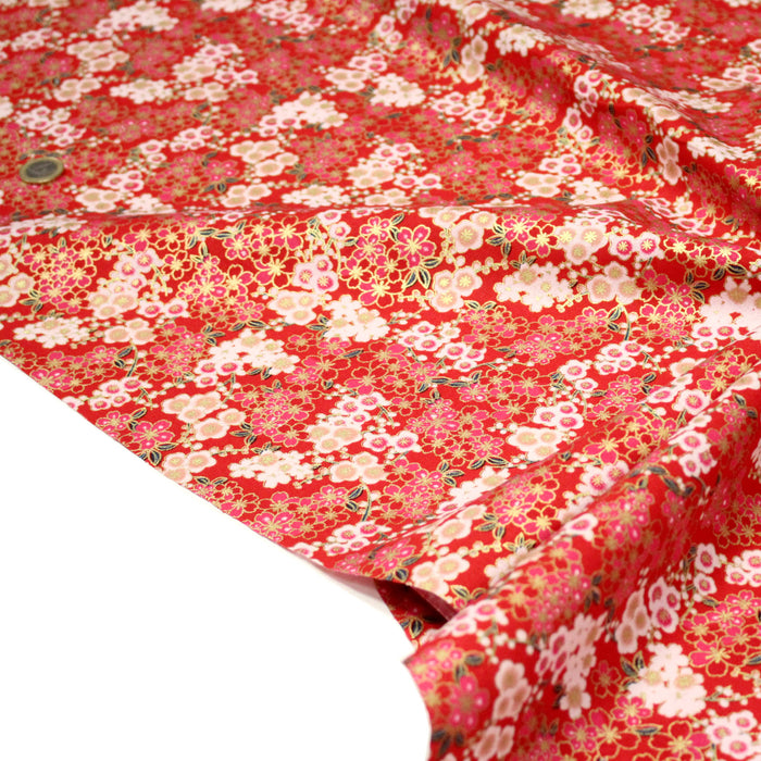 Tissu cotonnade rouge aux fleurs sakura rouges blanches et dorées - COLLECTION JAPON DORÉ