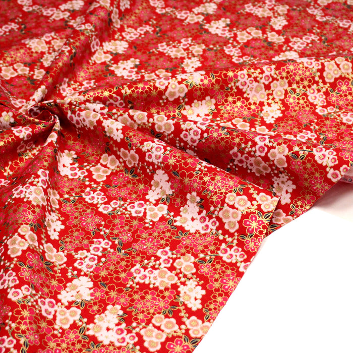 Tissu cotonnade rouge aux fleurs sakura rouges blanches et dorées - COLLECTION JAPON DORÉ