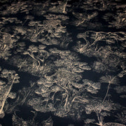 Tissu Toile de Jouy moderne noire & ocre, forêt tropicale, singes et léopards - COLLECTION ANIMALIA, par la maison Thevenon - TissusPapi.com