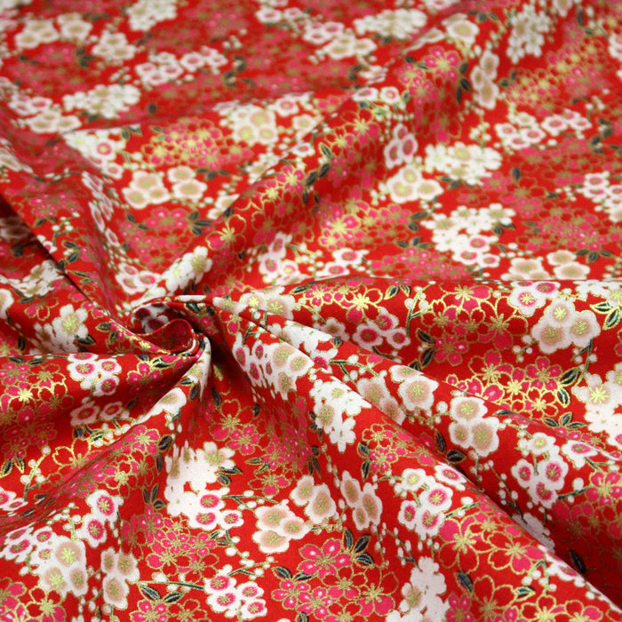 Tissu cotonnade rouge aux fleurs sakura rouges blanches et dorées - COLLECTION JAPON DORÉ