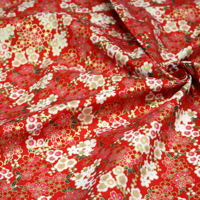 Tissu cotonnade rouge aux fleurs sakura rouges blanches et dorées - COLLECTION JAPON DORÉ