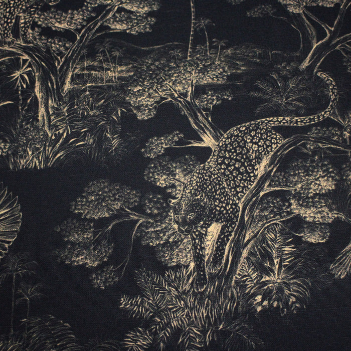 Tissu Toile de Jouy moderne noire & ocre, forêt tropicale, singes et léopards - COLLECTION ANIMALIA, par la maison Thevenon