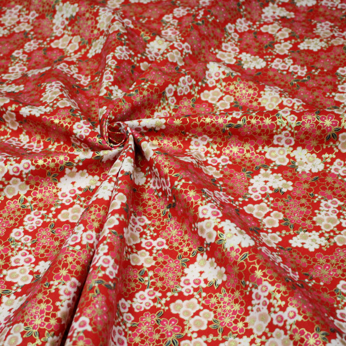 Tissu cotonnade rouge aux fleurs sakura rouges blanches et dorées - COLLECTION JAPON DORÉ