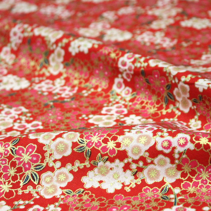 Tissu cotonnade rouge aux fleurs sakura rouges blanches et dorées - COLLECTION JAPON DORÉ