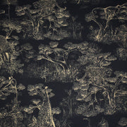 Tissu Toile de Jouy moderne noire & ocre, forêt tropicale, singes et léopards - COLLECTION ANIMALIA, par la maison Thevenon - TissusPapi.com