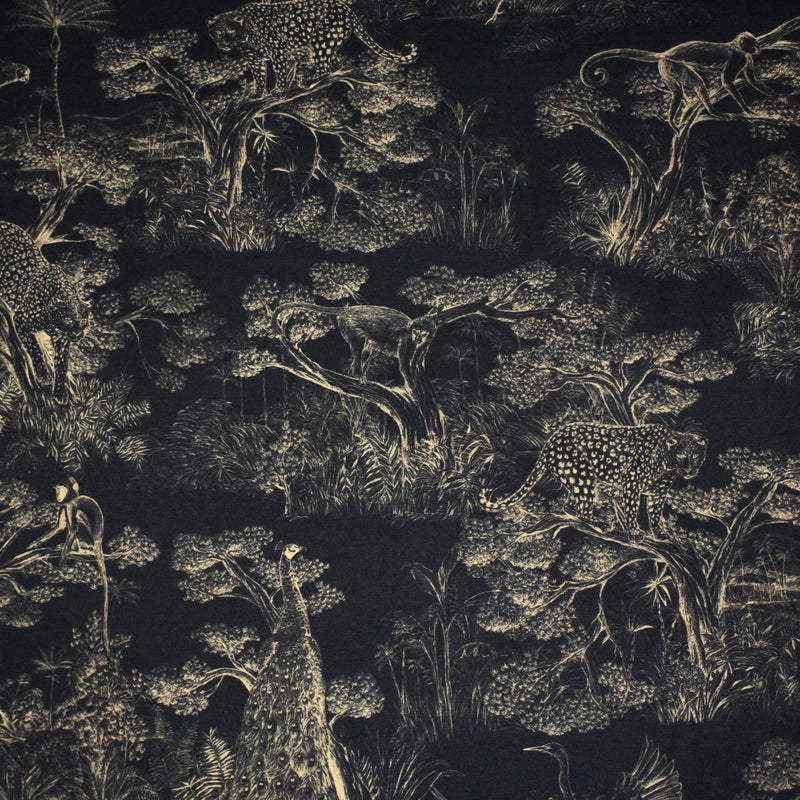 Tissu Toile de Jouy moderne noire & ocre, forêt tropicale, singes et léopards - COLLECTION ANIMALIA, par la maison Thevenon - TissusPapi.com