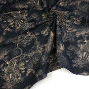 Tissu Toile de Jouy moderne noire & ocre, forêt tropicale, singes et léopards - COLLECTION ANIMALIA, par la maison Thevenon - TissusPapi.com