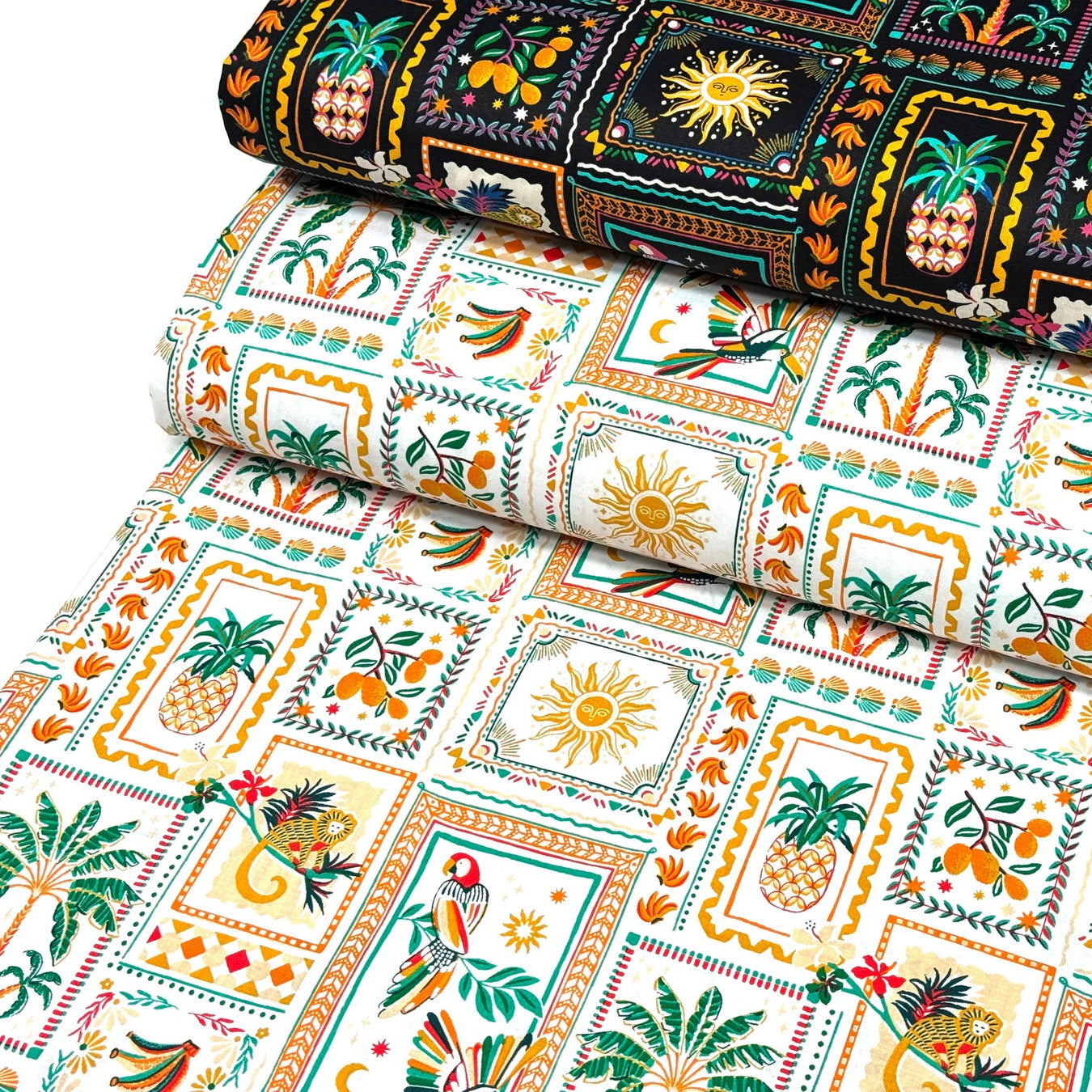 Tissu cotonnade PALMIERS, ANANAS, PERROQUETS - COLLECTION SICILIA - OEKO - TEX STANDARD 100 - TissusPapi.com