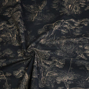 Tissu Toile de Jouy moderne noire & ocre, forêt tropicale, singes et léopards - COLLECTION ANIMALIA, par la maison Thevenon - TissusPapi.com