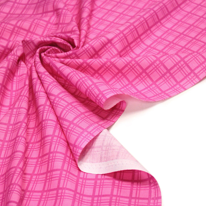 Tissu cotonnade rose fuchsia aux carreaux et liserés rétro - COLLECTION SEVENTIES