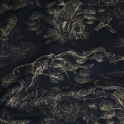Tissu Toile de Jouy moderne noire & ocre, forêt tropicale, singes et léopards - COLLECTION ANIMALIA, par la maison Thevenon - TissusPapi.com