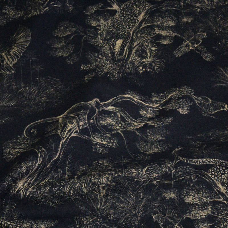 Tissu Toile de Jouy moderne noire & ocre, forêt tropicale, singes et léopards - COLLECTION ANIMALIA, par la maison Thevenon - TissusPapi.com