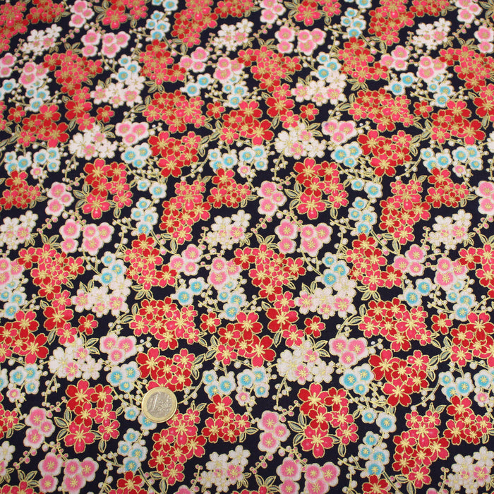 Tissu cotonnade bleu marine aux fleurs sakura rouges blanches et dorées - COLLECTION JAPON DORÉ