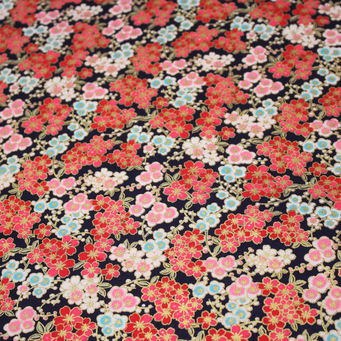 Tissu cotonnade bleu marine aux fleurs sakura rouges blanches et dorées - COLLECTION JAPON DORÉ