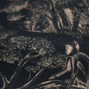 Tissu Toile de Jouy moderne noire & ocre, forêt tropicale, singes et léopards - COLLECTION ANIMALIA, par la maison Thevenon - TissusPapi.com