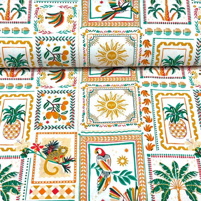 Tissu cotonnade PALMIERS, ANANAS, PERROQUETS - COLLECTION SICILIA - OEKO - TEX STANDARD 100 - TissusPapi.com