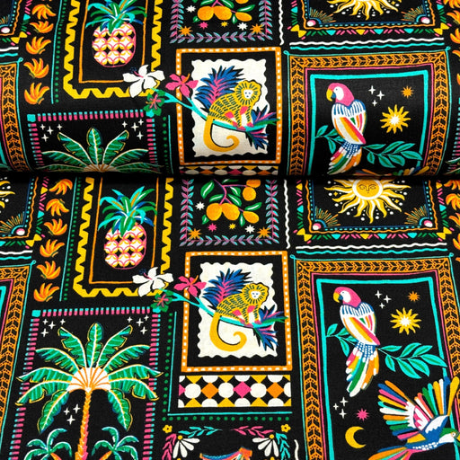Tissu cotonnade PALMIERS, ANANAS, PERROQUETS - COLLECTION SICILIA - OEKO - TEX STANDARD 100 - TissusPapi.com