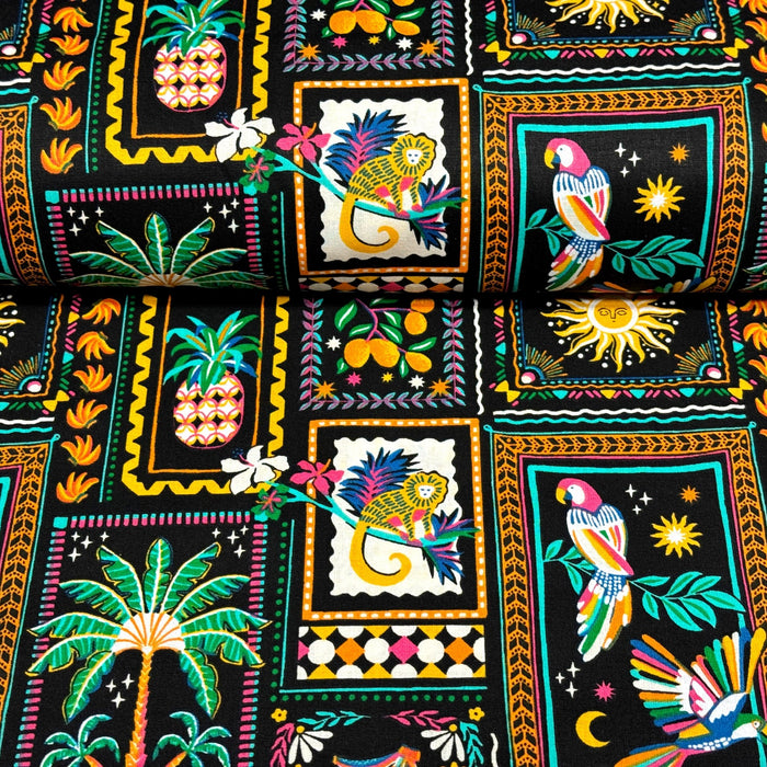 Tissu cotonnade PALMIERS, ANANAS, PERROQUETS - COLLECTION SICILIA - OEKO - TEX STANDARD 100 - TissusPapi.com