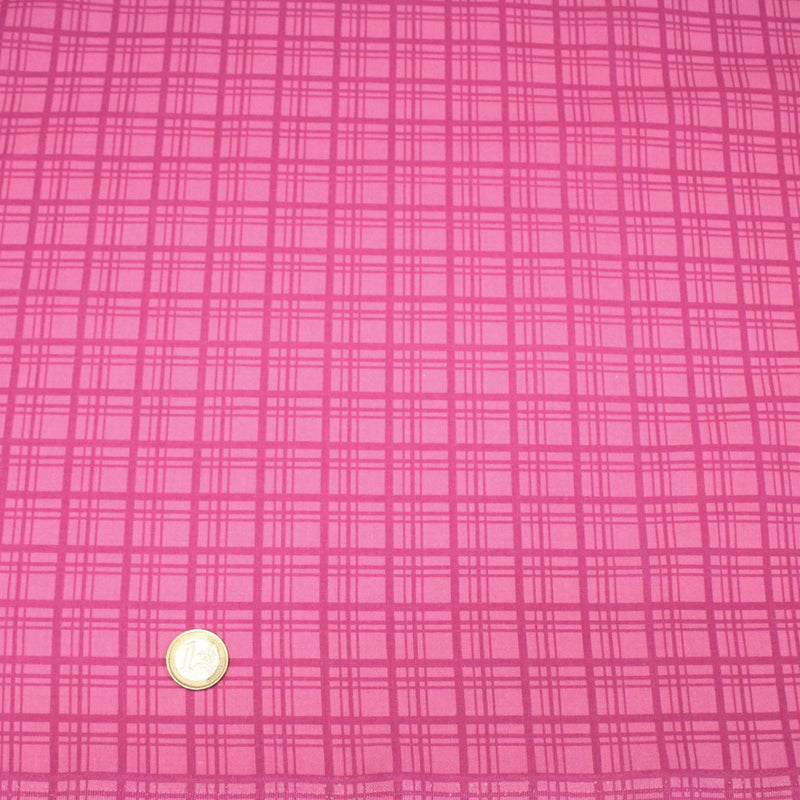 Tissu cotonnade rose fuchsia aux carreaux et liserés rétro - COLLECTION SEVENTIES - TissusPapi.com