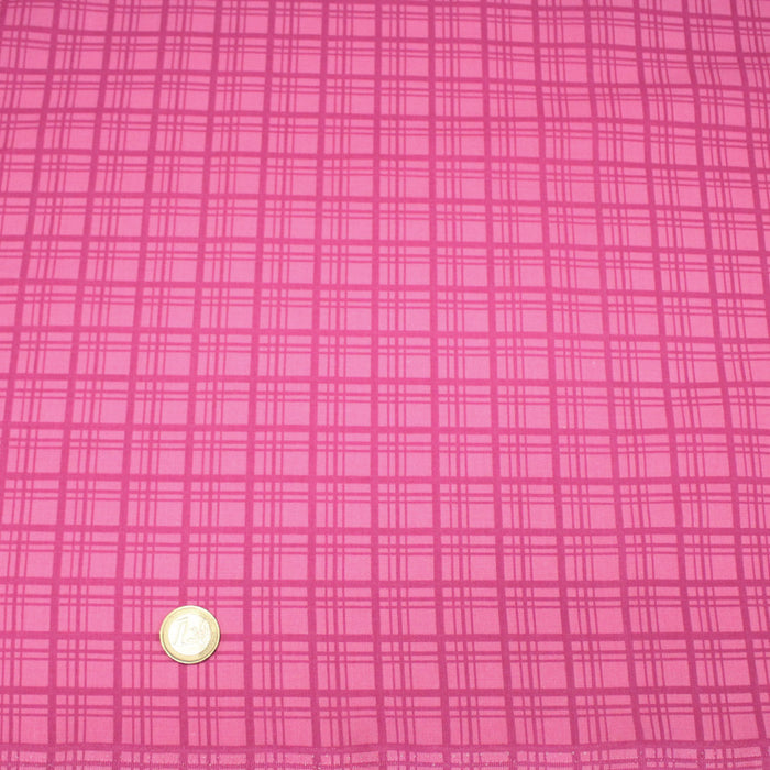 Tissu cotonnade rose fuchsia aux carreaux et liserés rétro - COLLECTION SEVENTIES