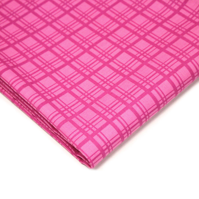Tissu cotonnade rose fuchsia aux carreaux et liserés rétro - COLLECTION SEVENTIES