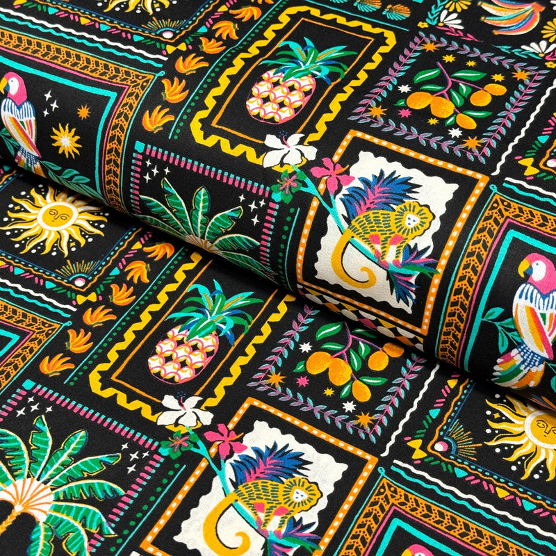 Tissu cotonnade PALMIERS, ANANAS, PERROQUETS - COLLECTION SICILIA - OEKO - TEX STANDARD 100 - TissusPapi.com