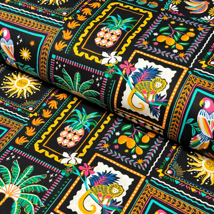 Tissu cotonnade PALMIERS, ANANAS, PERROQUETS - COLLECTION SICILIA - OEKO - TEX STANDARD 100 - TissusPapi.com