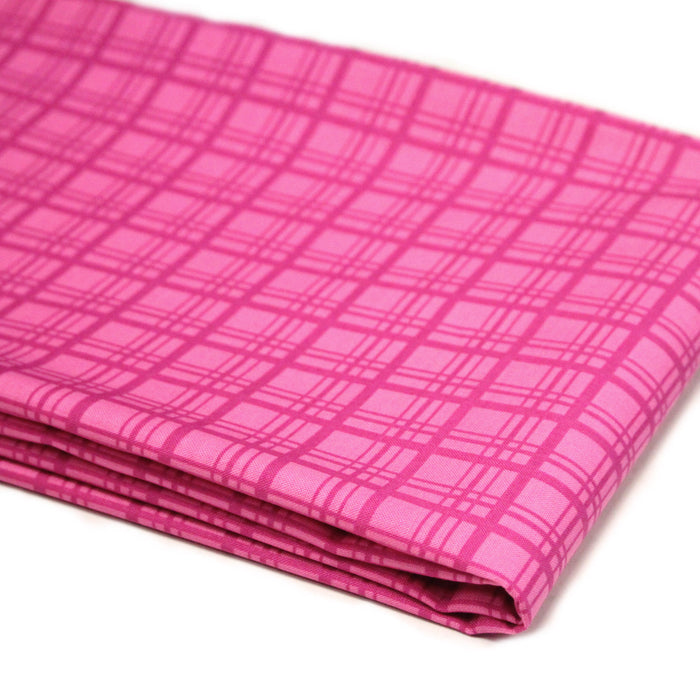 Tissu cotonnade rose fuchsia aux carreaux et liserés rétro - COLLECTION SEVENTIES