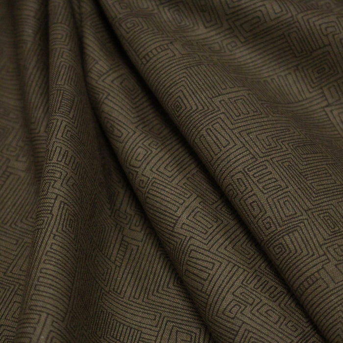 Tissu cotonnade vert marron aux lignes & formes géométriques - COLLECTION SEVENTIES
