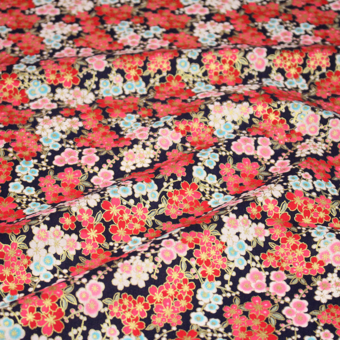 Tissu cotonnade bleu marine aux fleurs sakura rouges blanches et dorées - COLLECTION JAPON DORÉ