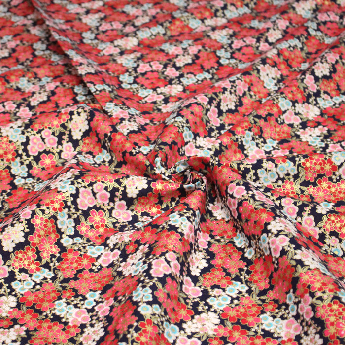 Tissu cotonnade bleu marine aux fleurs sakura rouges blanches et dorées - COLLECTION JAPON DORÉ