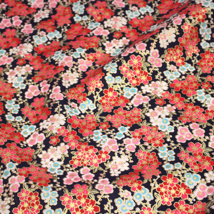 Tissu cotonnade bleu marine aux fleurs sakura rouges blanches et dorées - COLLECTION JAPON DORÉ