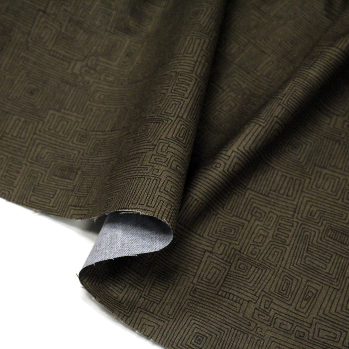 Tissu cotonnade vert marron aux lignes & formes géométriques - COLLECTION SEVENTIES