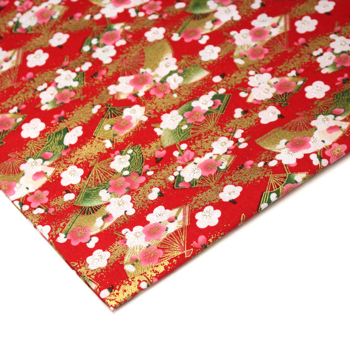 Tissu cotonnade rouge aux éventails dorés & fleurs sakura - COLLECTION JAPON DORÉ