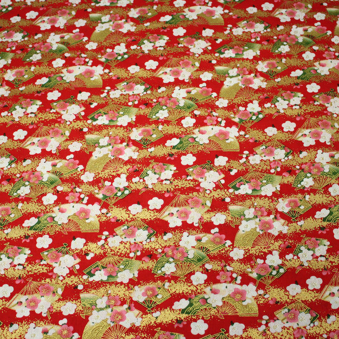 Tissu cotonnade rouge aux éventails dorés & fleurs sakura - COLLECTION JAPON DORÉ