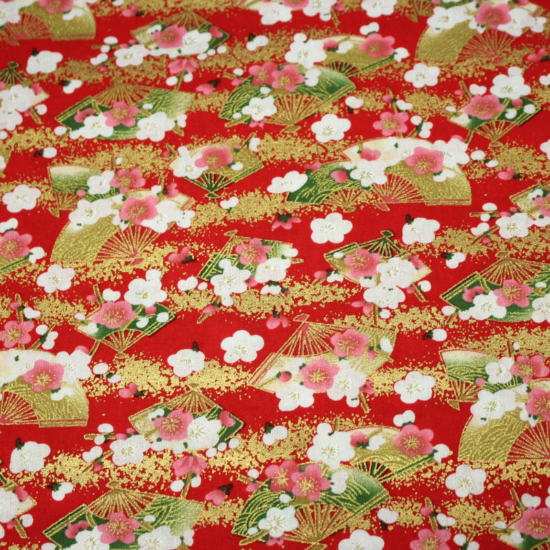 Tissu cotonnade éventails japonais dorés & fleurs sakura : bleu ou rouge - COLLECTION JAPON DORÉ - TissusPapi.com