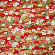 Tissu cotonnade éventails japonais dorés & fleurs sakura : bleu ou rouge - COLLECTION JAPON DORÉ - TissusPapi.com