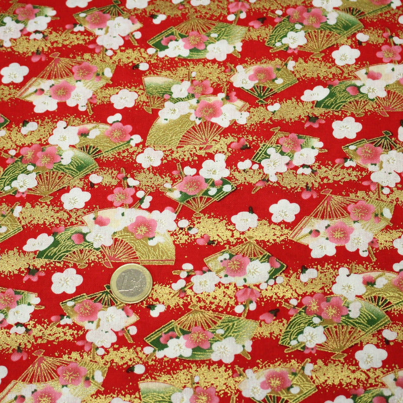 Tissu cotonnade éventails japonais dorés & fleurs sakura : bleu ou rouge - COLLECTION JAPON DORÉ - TissusPapi.com