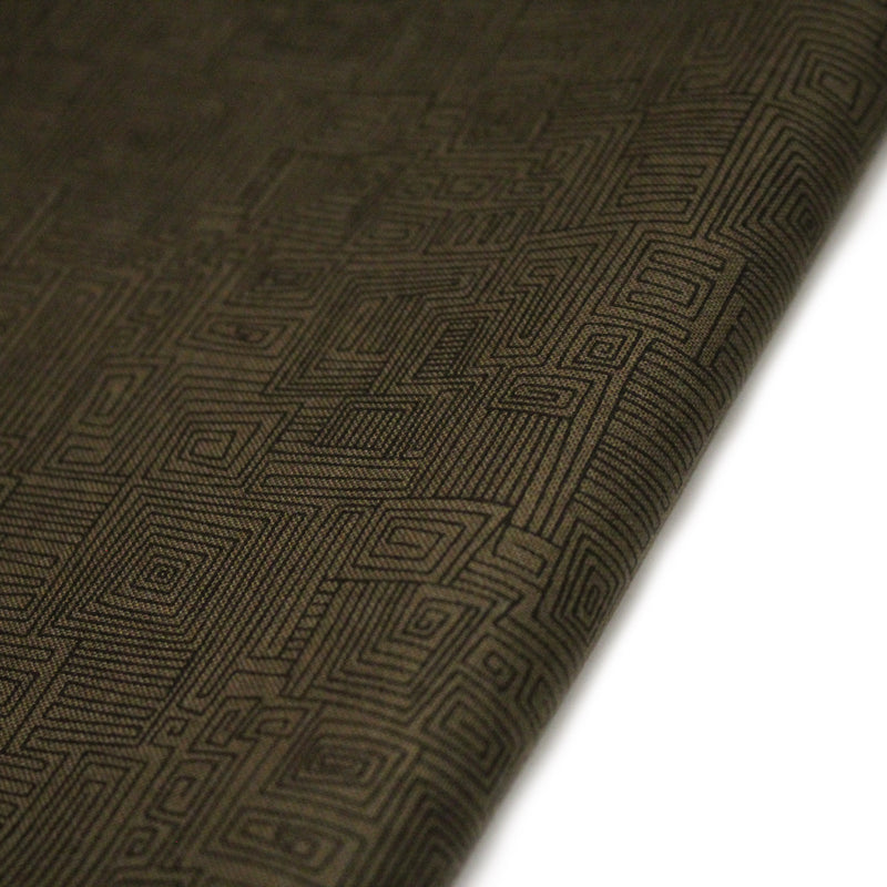 Tissu cotonnade vert marron aux lignes & formes géométriques - COLLECTION SEVENTIES - TissusPapi.com