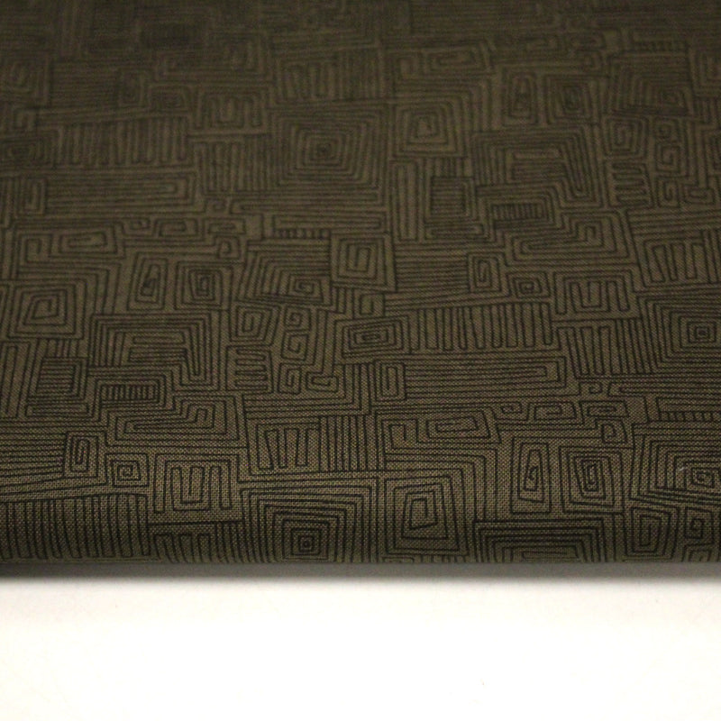 Tissu cotonnade vert marron aux lignes & formes géométriques - COLLECTION SEVENTIES - TissusPapi.com
