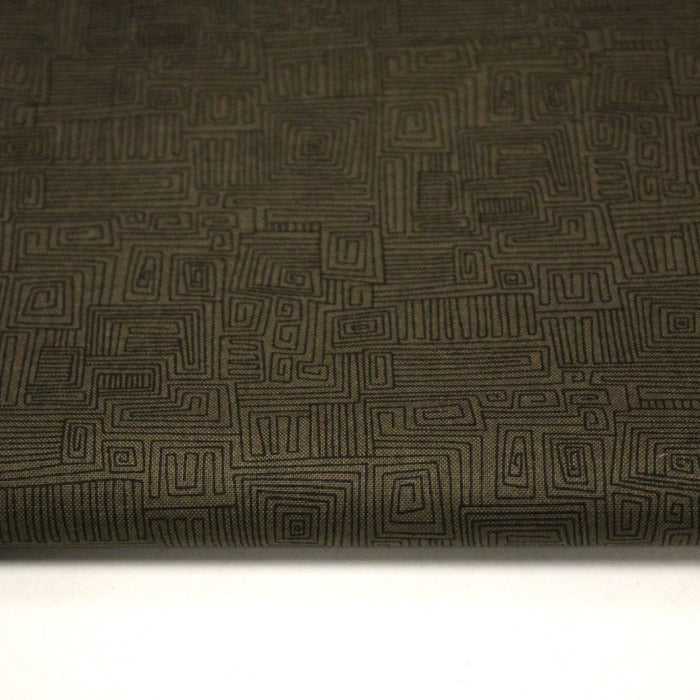 Tissu cotonnade vert marron aux lignes & formes géométriques - COLLECTION SEVENTIES