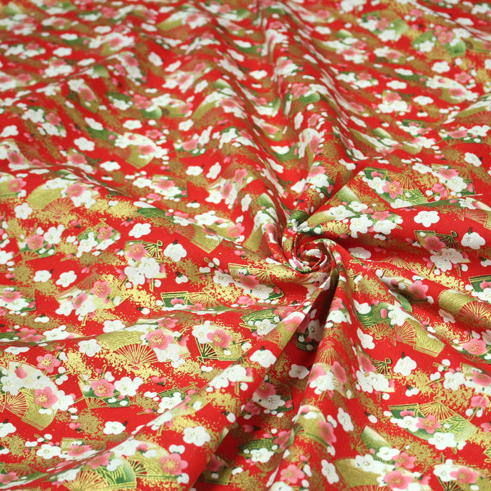 Tissu cotonnade éventails japonais dorés & fleurs sakura : bleu ou rouge - COLLECTION JAPON DORÉ