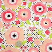 Tissu cotonnade aux belles fleurs roses graphiques sur fond blanc pois noirs - COLLECTION ÉTÉ - TissusPapi.com