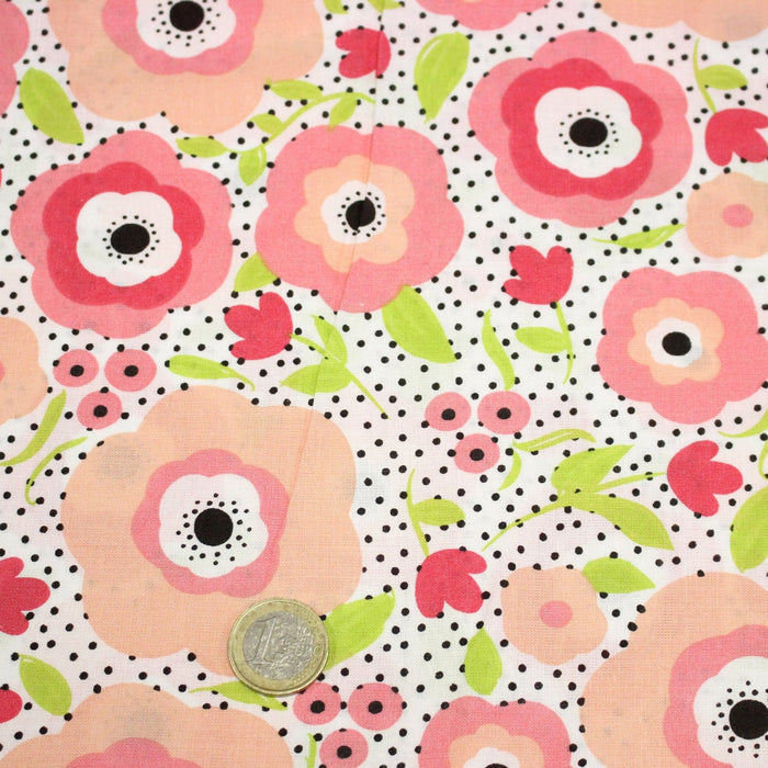 Tissu cotonnade aux belles fleurs roses graphiques sur fond blanc pois noirs - COLLECTION ÉTÉ - TissusPapi.com