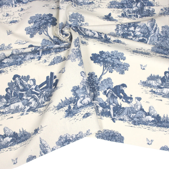Tissu de coton Toile de Jouy traditionnelle française bleue, fond écru - COLLECTION VERSAILLES