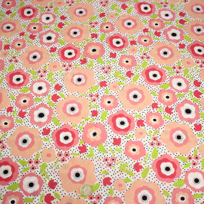 Tissu cotonnade aux belles fleurs roses graphiques sur fond blanc pois noirs - COLLECTION ÉTÉ - TissusPapi.com