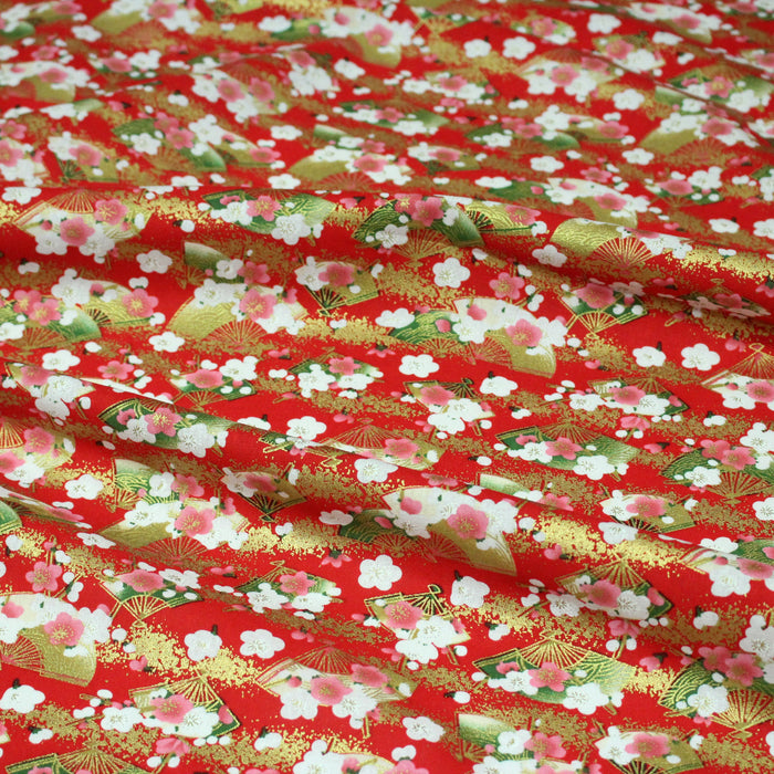 Tissu cotonnade rouge aux éventails dorés & fleurs sakura - COLLECTION JAPON DORÉ