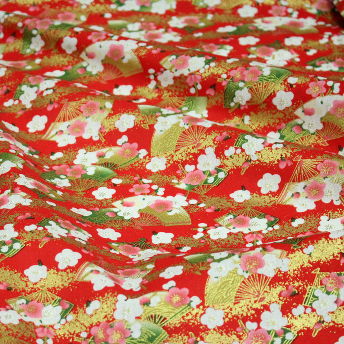 Tissu cotonnade éventails japonais dorés & fleurs sakura : bleu ou rouge - COLLECTION JAPON DORÉ