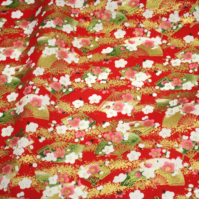 Tissu cotonnade rouge aux éventails dorés & fleurs sakura - COLLECTION JAPON DORÉ