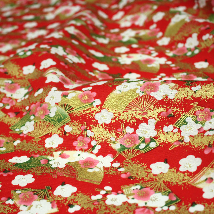 Tissu cotonnade rouge aux éventails dorés & fleurs sakura - COLLECTION JAPON DORÉ